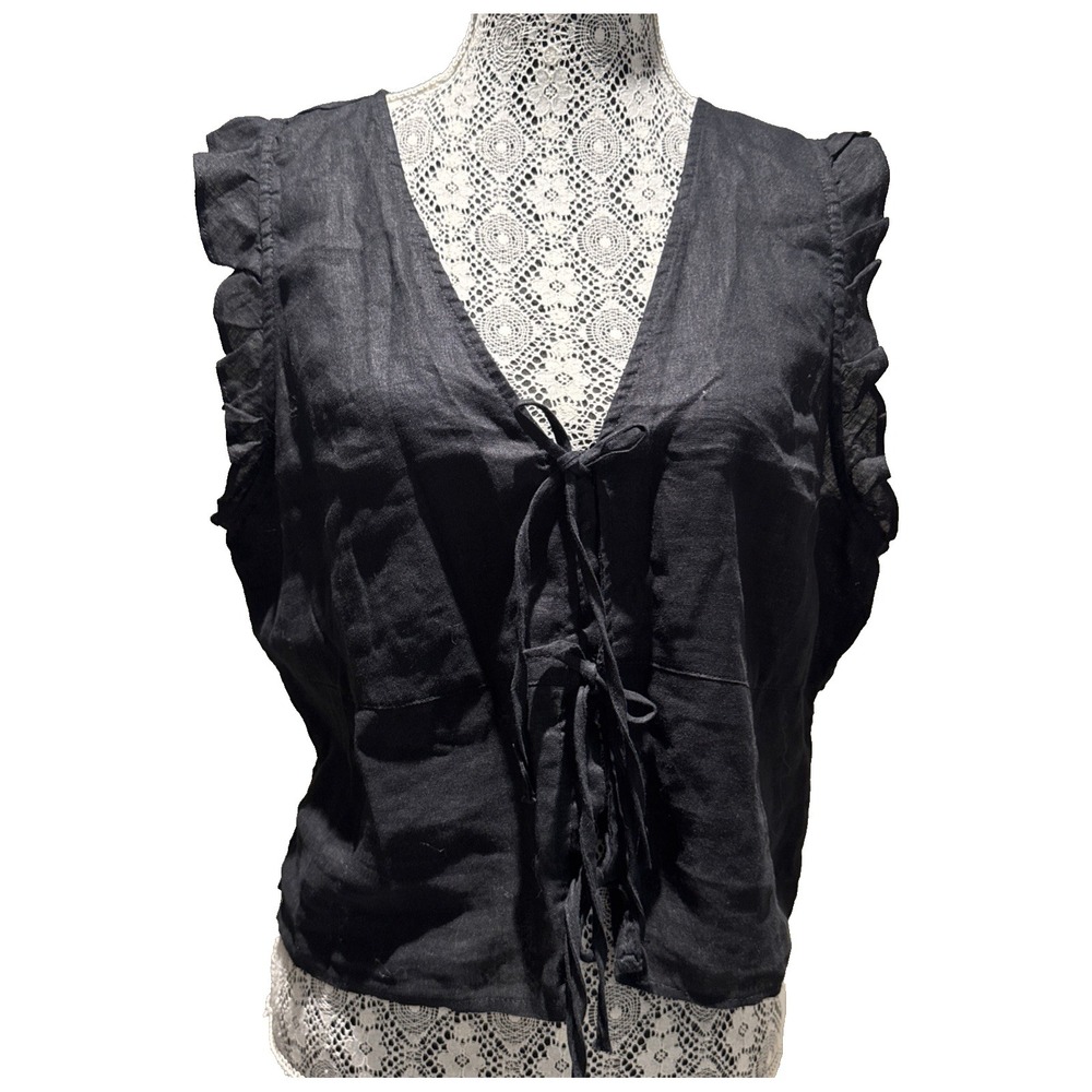 100% Linen Joie Black Ruffle Tie Front Smocked Sleeveless Blouse Peasant XL